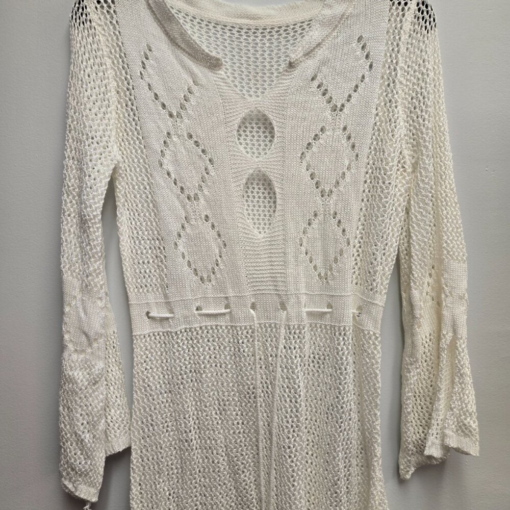 Womens One Size White Crochet Knit Fishnet Boho Beach Coverup Dress Mini Flare - Picture 3 of 7